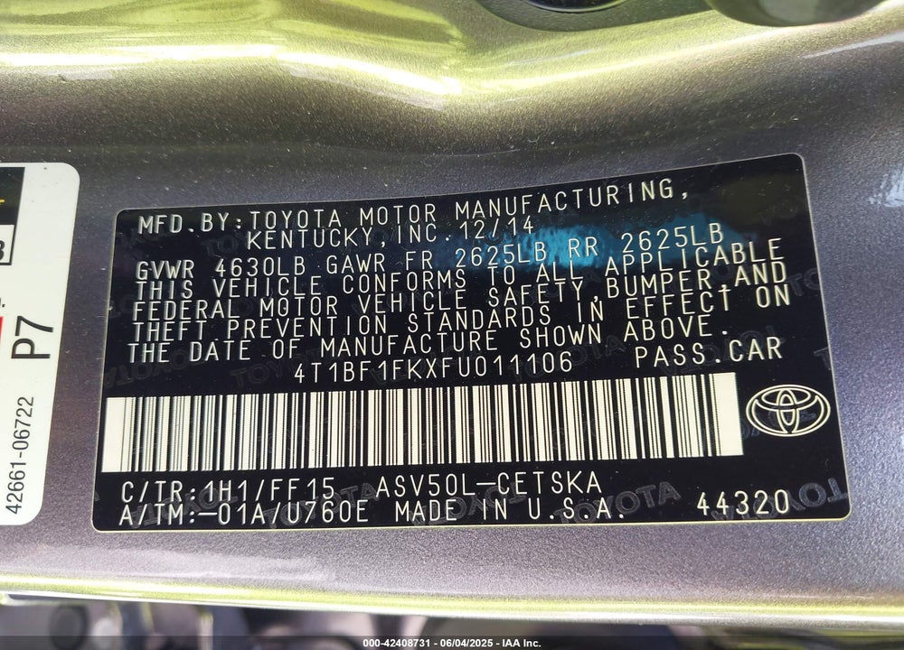 2015 TOYOTA CAMRY SE VIN: 4T1BF1FKXFU011106