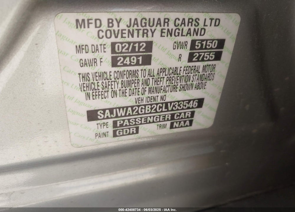 2012 JAGUAR XJ VIN: SAJWA2GB2CLV33546