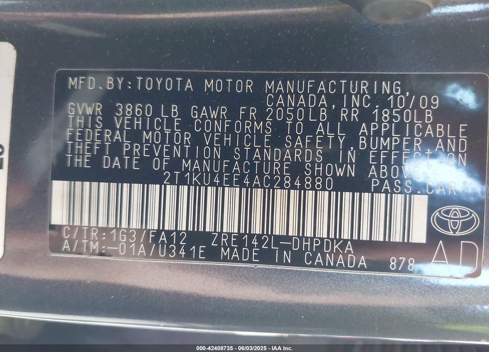 2010 TOYOTA COROLLA MATRIX VIN: 2T1KU4EE4AC284880
