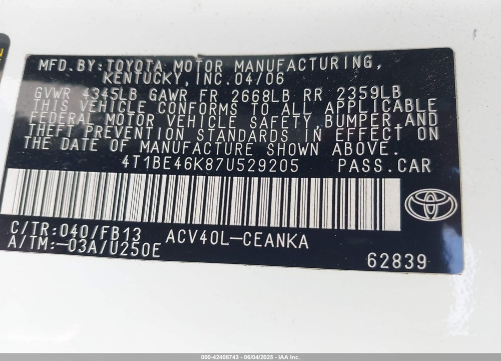 2007 TOYOTA CAMRY LE VIN: 4T1BE46K87U529205