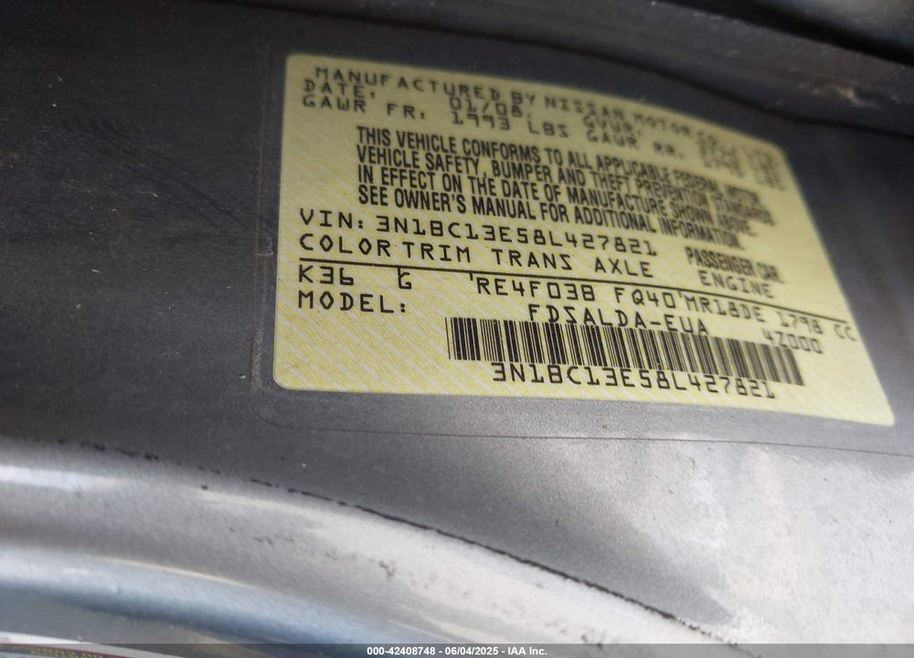 2008 NISSAN VERSA 1.8S VIN: 3N1BC13E58L427821