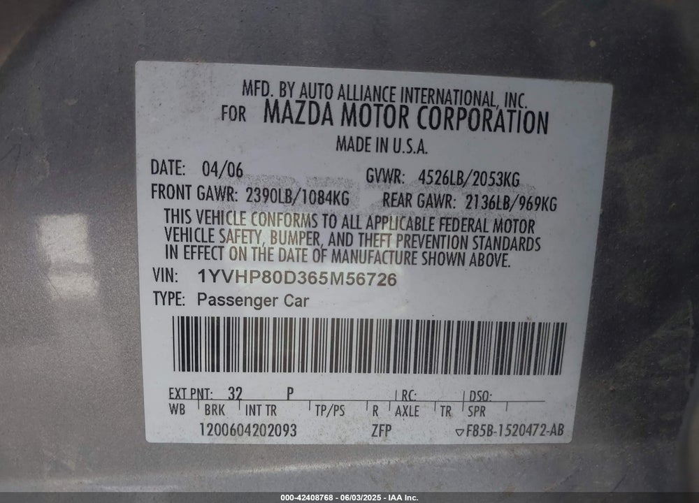2006 MAZDA 6 S VIN: 1YVHP80D365M56726