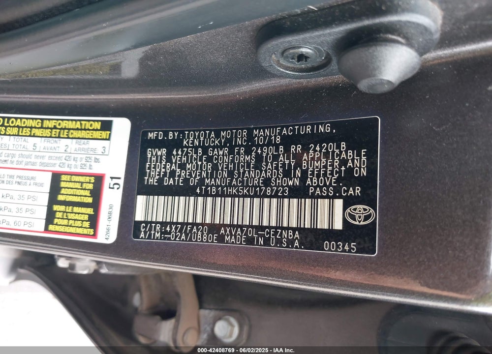 2019 TOYOTA CAMRY VIN: 4T1B11HK5KU178723