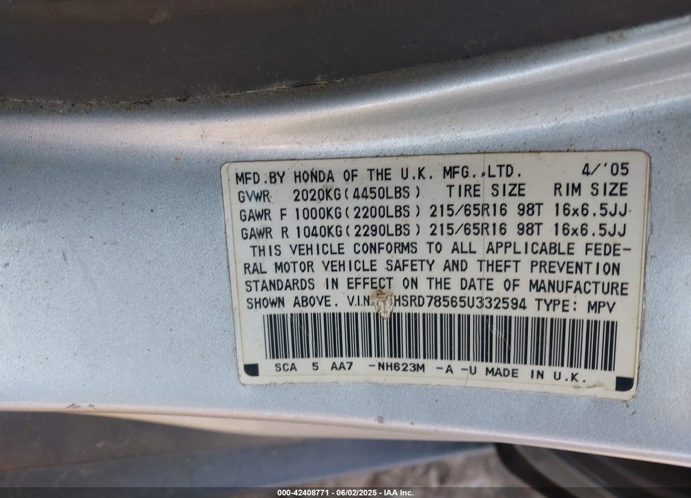 2005 HONDA CR-V LX VIN: SHSRD78565U332594