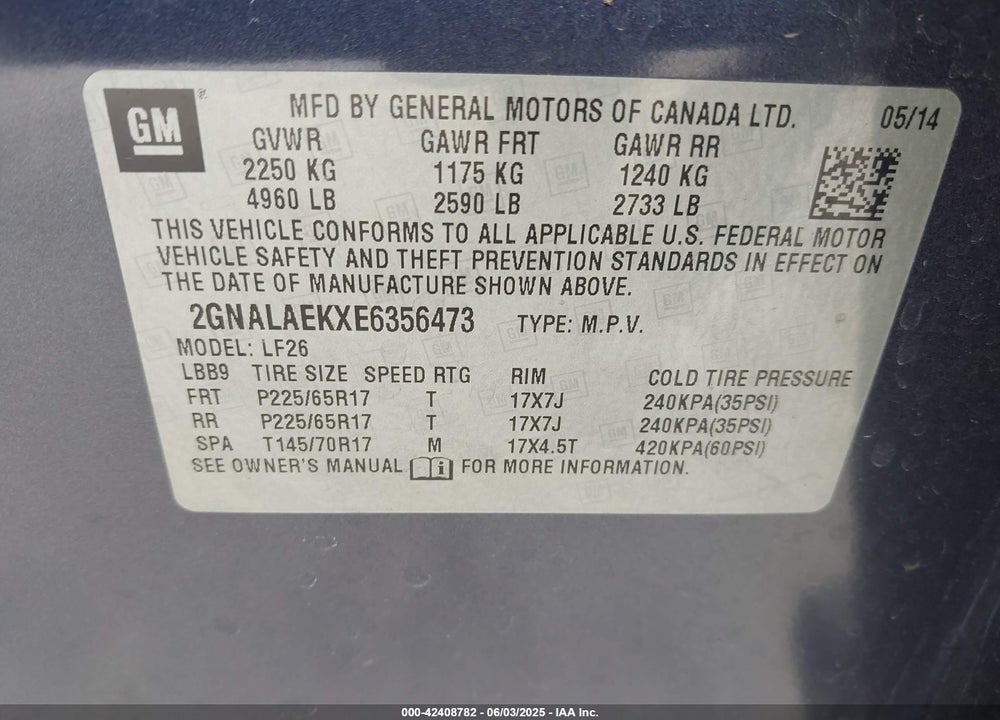 2014 CHEVROLET EQUINOX LS VIN: 2GNALAEKXE6356473