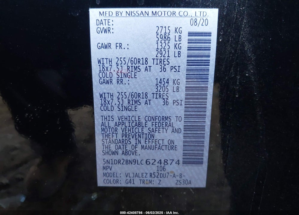 2020 NISSAN PATHFINDER VIN: 5N1DR2BN9LC624874