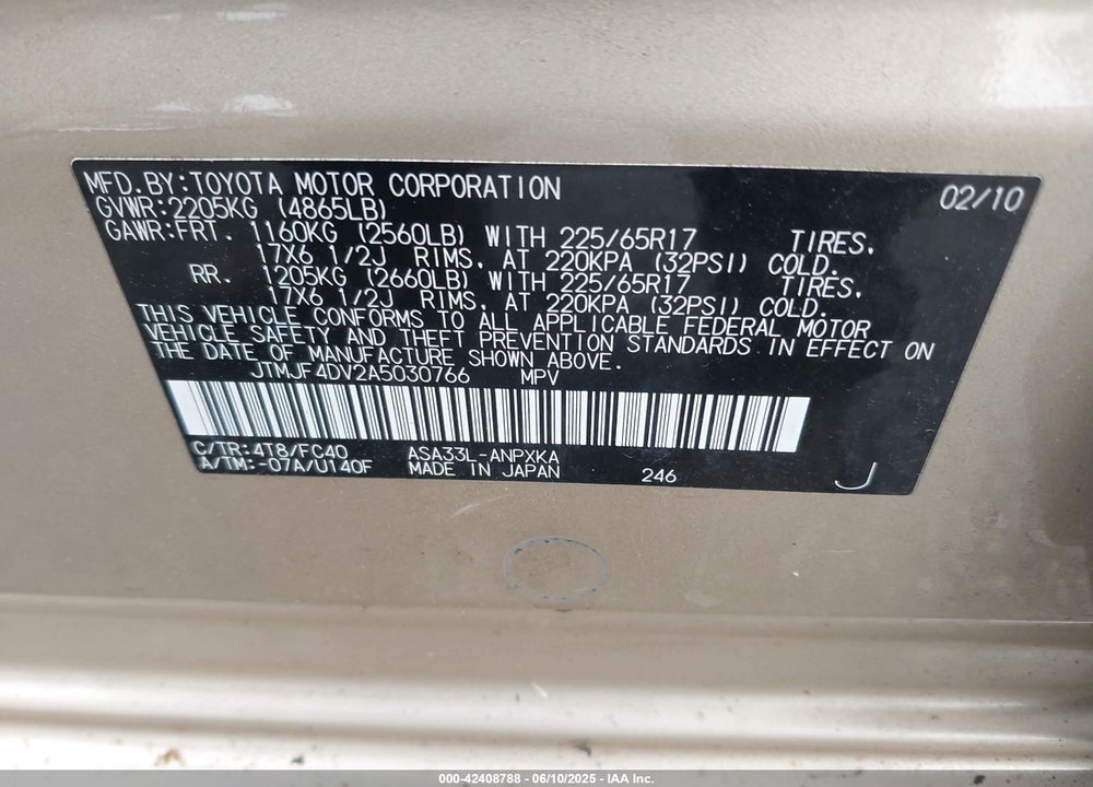 2010 TOYOTA RAV4 VIN: JTMJF4DV2A5030766