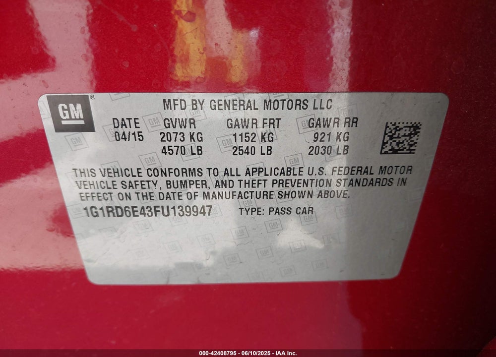 2015 CHEVROLET VOLT VIN: 1G1RD6E43FU139947