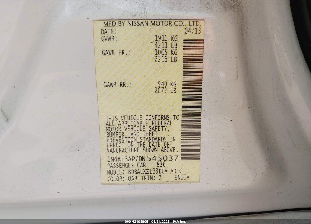 2013 NISSAN ALTIMA 2.5 SL VIN: 1N4AL3AP7DN545037