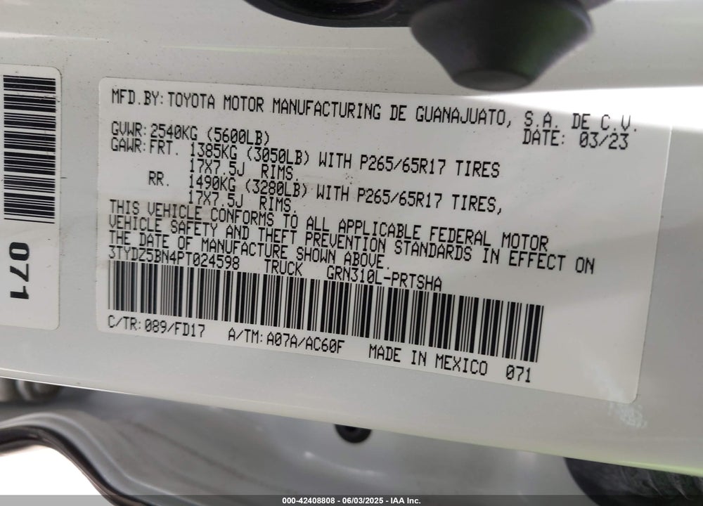 2023 TOYOTA TACOMA VIN: 3TYDZ5BN4PT024598