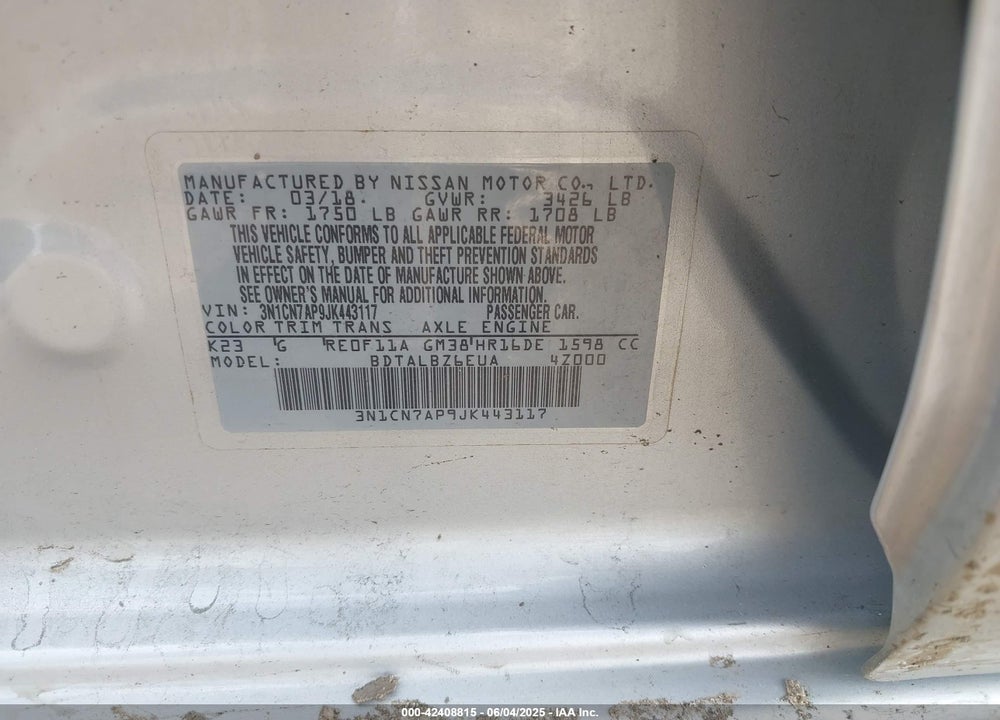 2018 NISSAN VERSA VIN: 3N1CN7AP9JK443117