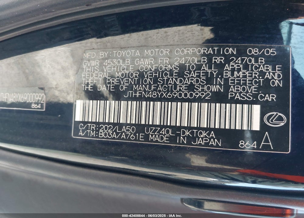2006 LEXUS SC 430 VIN: JTHFN48YX69000992