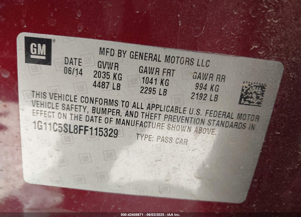 2015 CHEVROLET MALIBU 1LT VIN: 1G11C5SL8FF115329