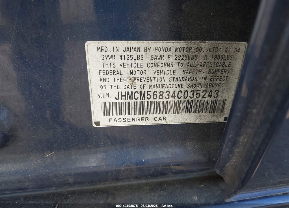 2004 HONDA ACCORD EX VIN: JHMCM56834C035243