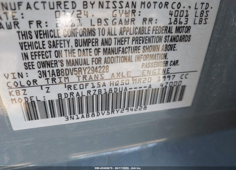 2024 NISSAN SENTRA VIN: 3N1AB8DV5RY294228