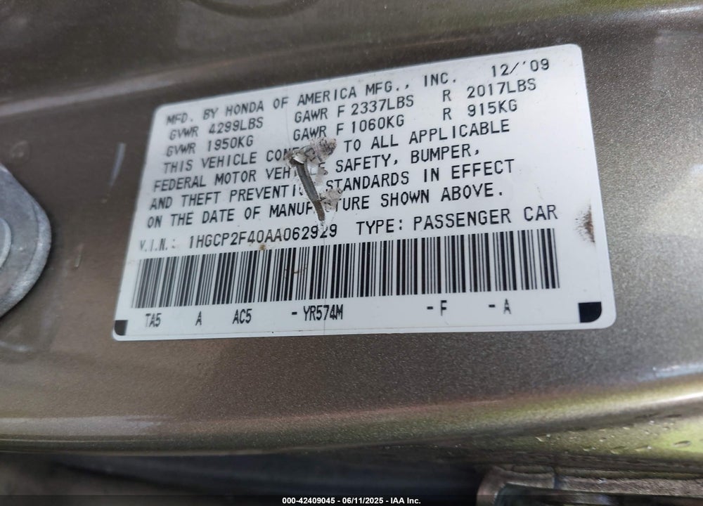 2010 HONDA ACCORD 2.4 LX-P VIN: 1HGCP2F40AA062929