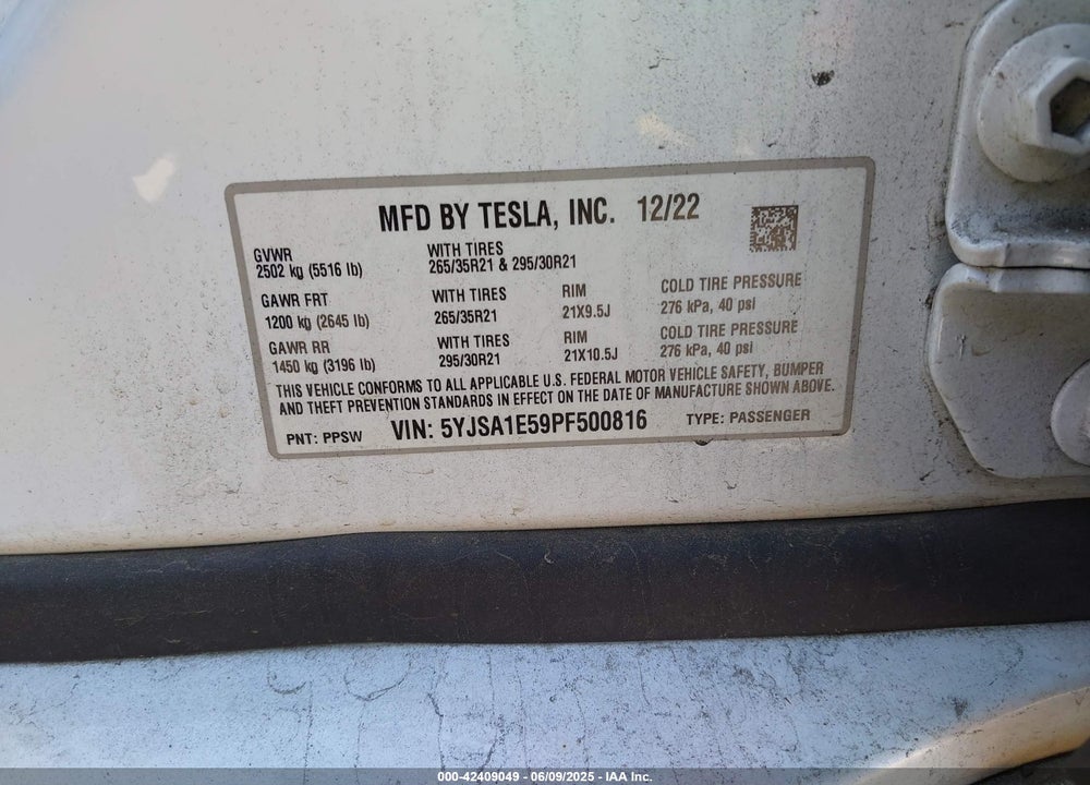 2023 TESLA MODEL S VIN: 5YJSA1E59PF500816