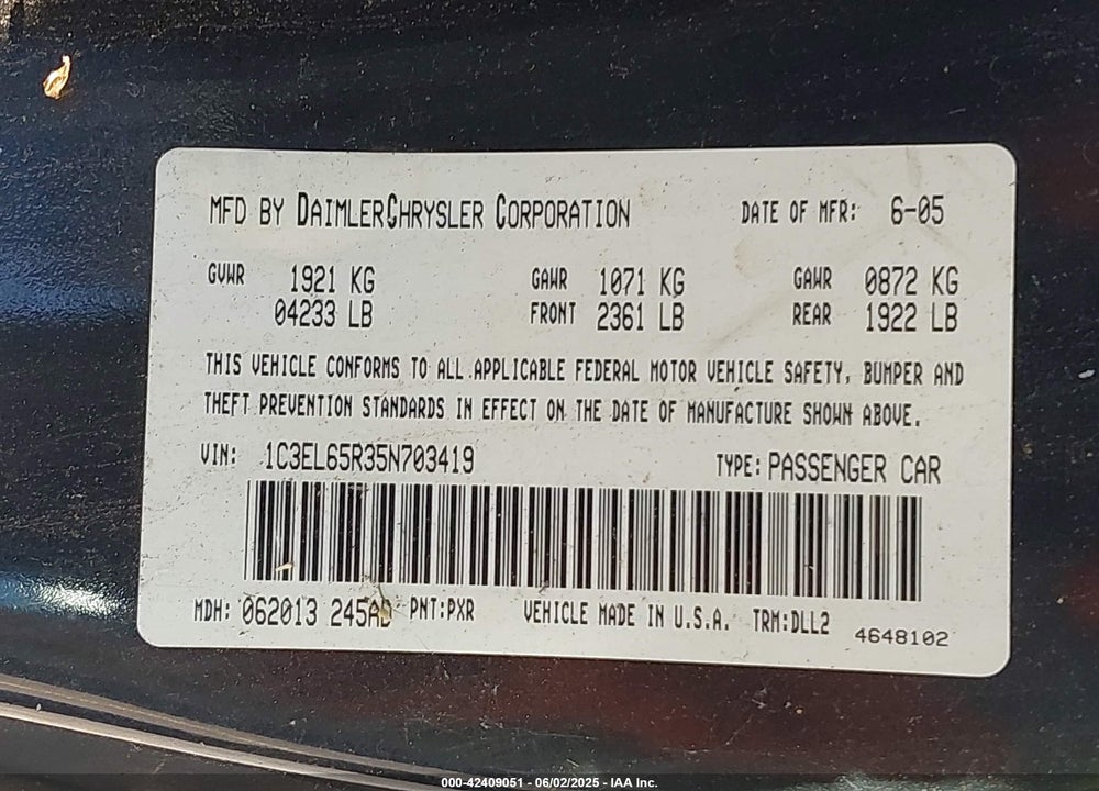 2005 CHRYSLER SEBRING LIMITED VIN: 1C3EL65R35N703419