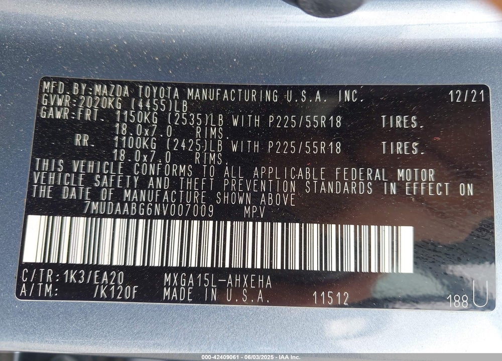 2022 TOYOTA COROLLA CROSS VIN: 7MUDAABG6NV007009