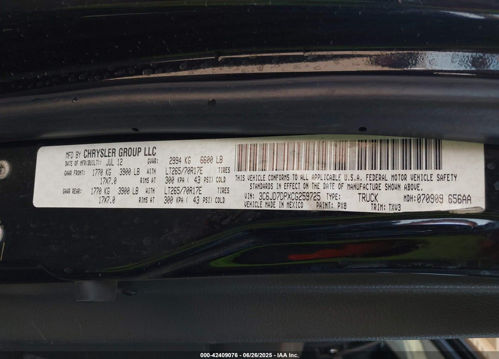 2012 RAM 1500 ST VIN: 3C6JD7DPXCG259725