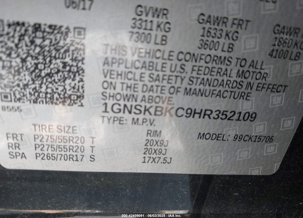 2017 CHEVROLET TAHOE VIN: 1GNSKBKC9HR352109
