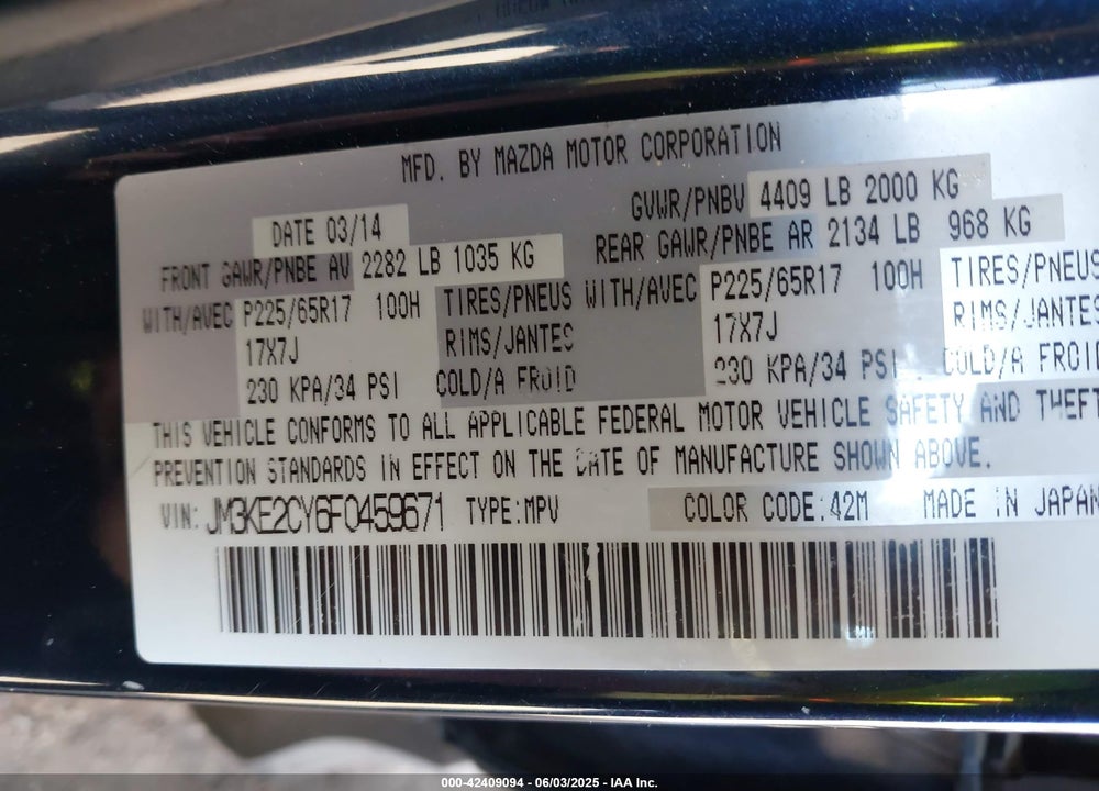 2015 MAZDA CX-5 TOURING VIN: JM3KE2CY6F0459671