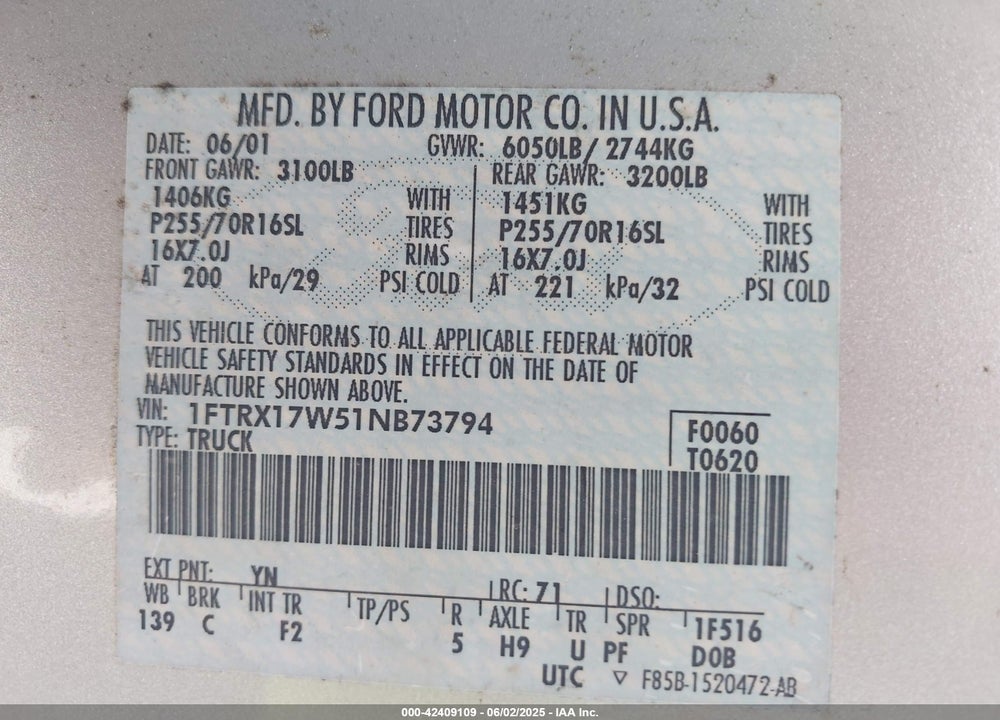2001 FORD F-150 LARIAT/XL/XLT VIN: 1FTRX17W51NB73794