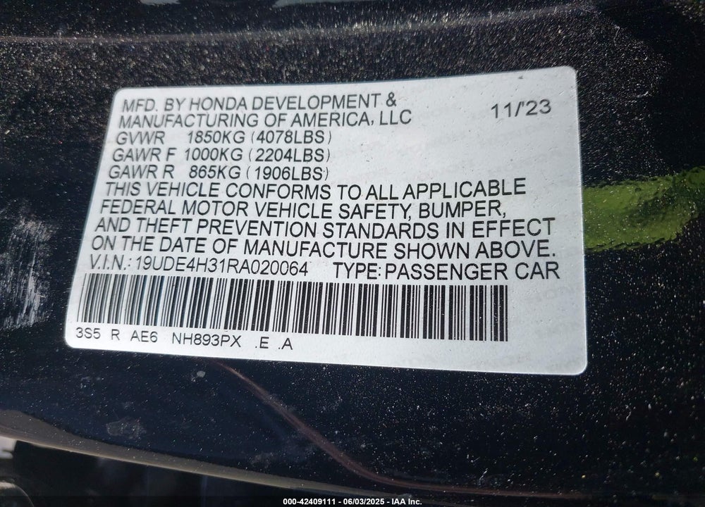 2024 ACURA INTEGRA VIN: 19UDE4H31RA020064