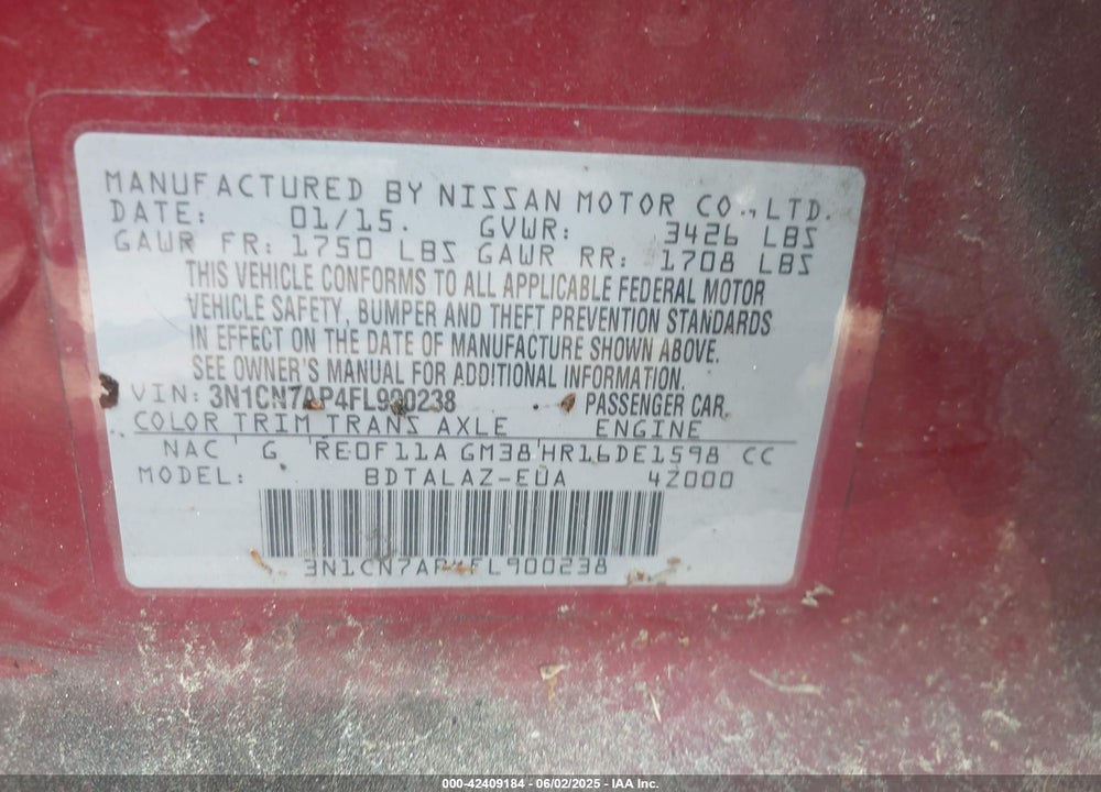 2015 NISSAN VERSA VIN: 3N1CN7AP4FL900238