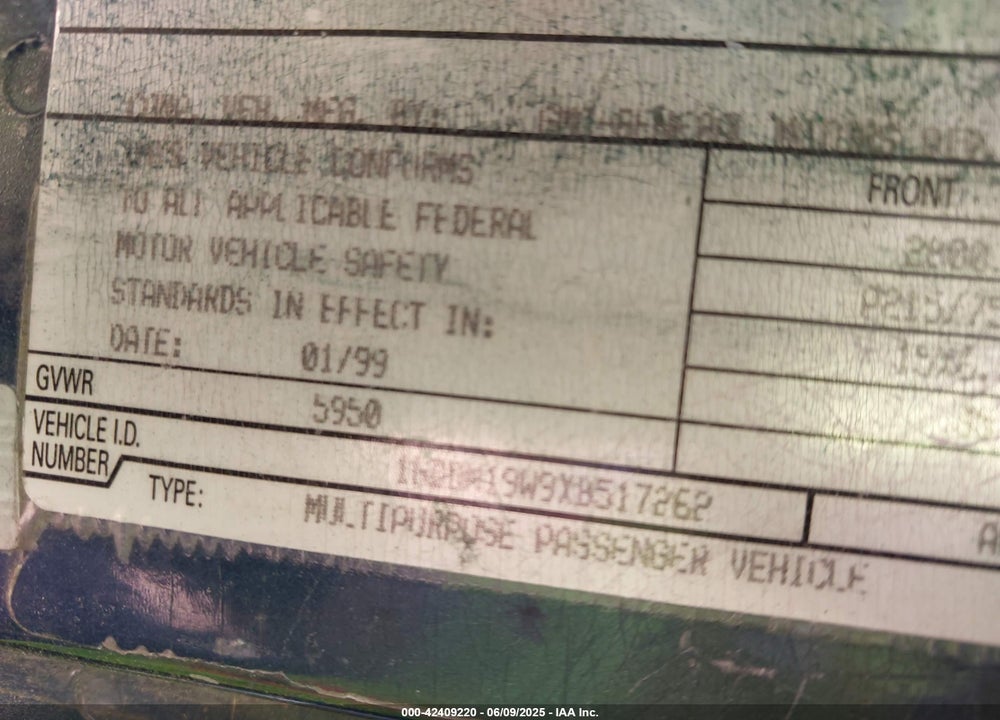 1999 GMC SAFARI YF7 UPFITTER PACKAGE VIN: 1GDDM19W9XB517262