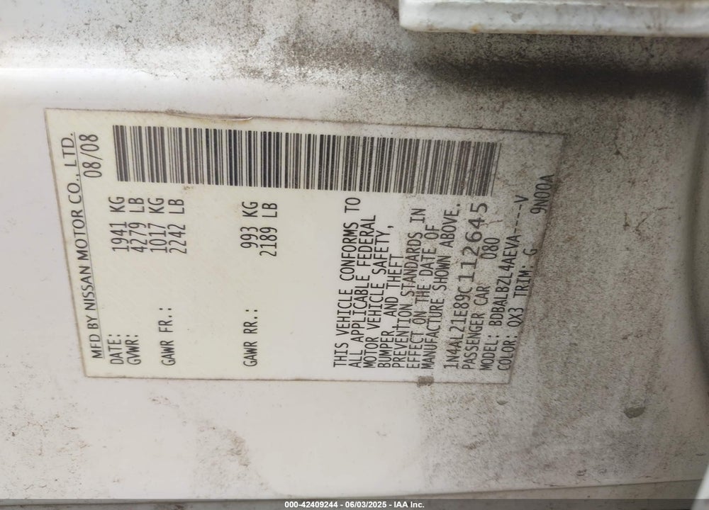 2009 NISSAN ALTIMA VIN: 1N4AL21E89C112645