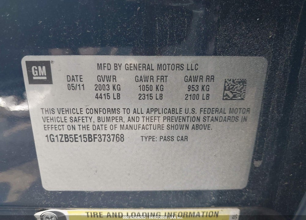 2011 CHEVROLET MALIBU LS VIN: 1G1ZB5E15BF373768