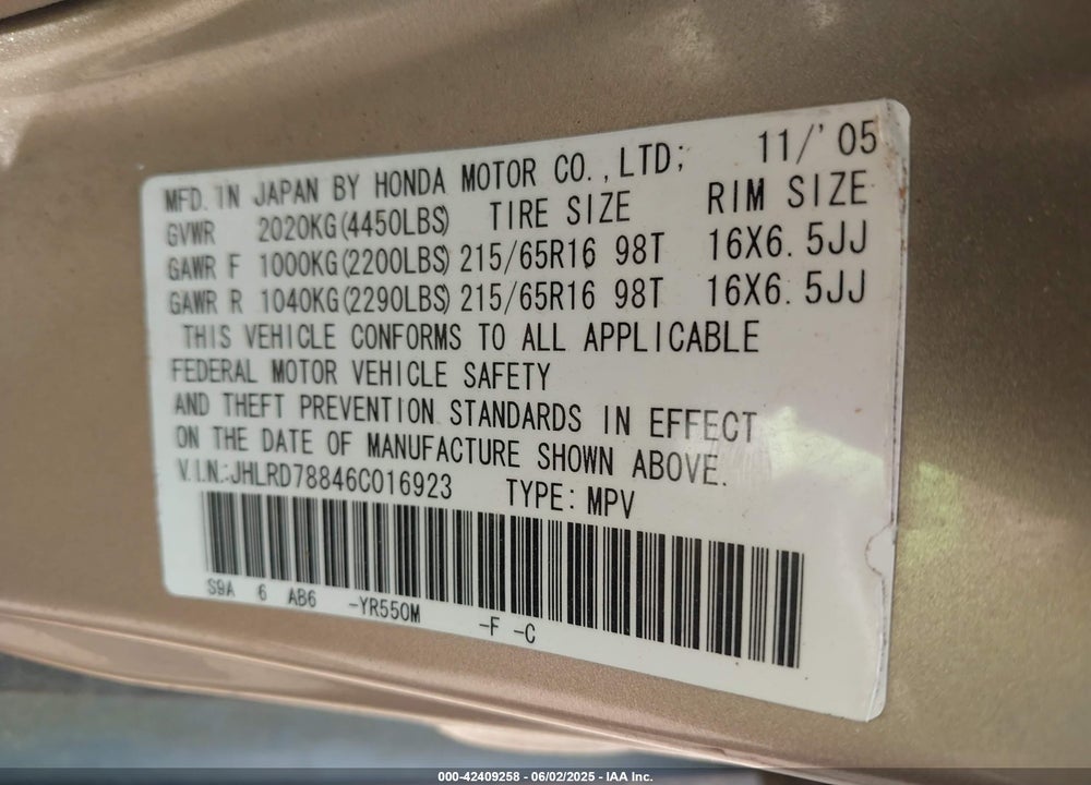 2006 HONDA CR-V EX VIN: JHLRD78846C016923