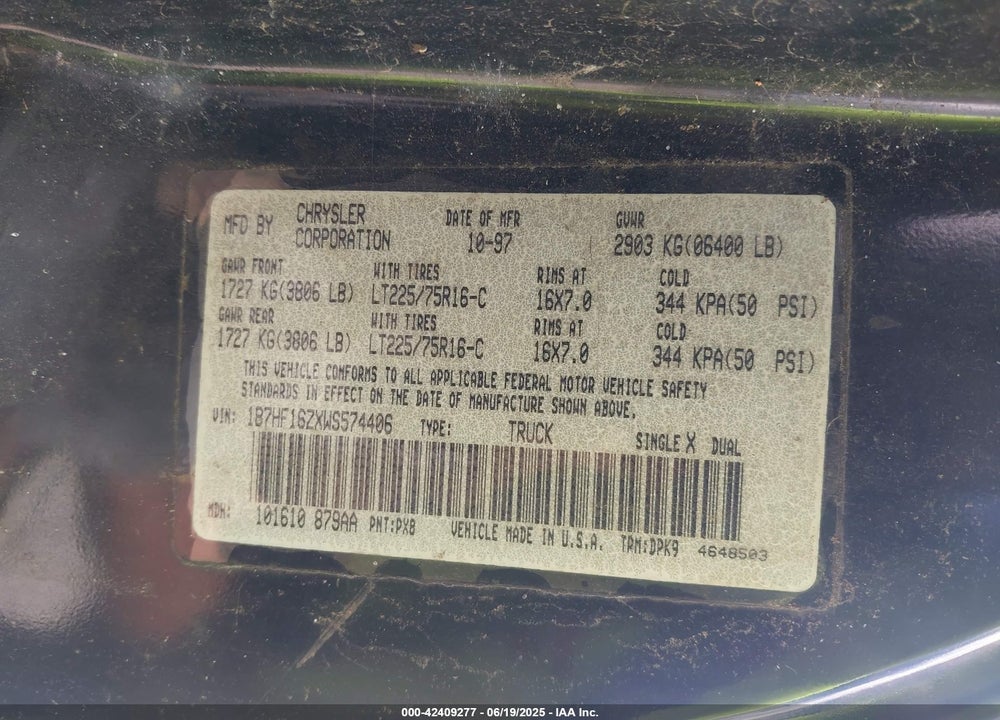 1998 DODGE RAM 1500 ST VIN: 1B7HF16ZXWS574406