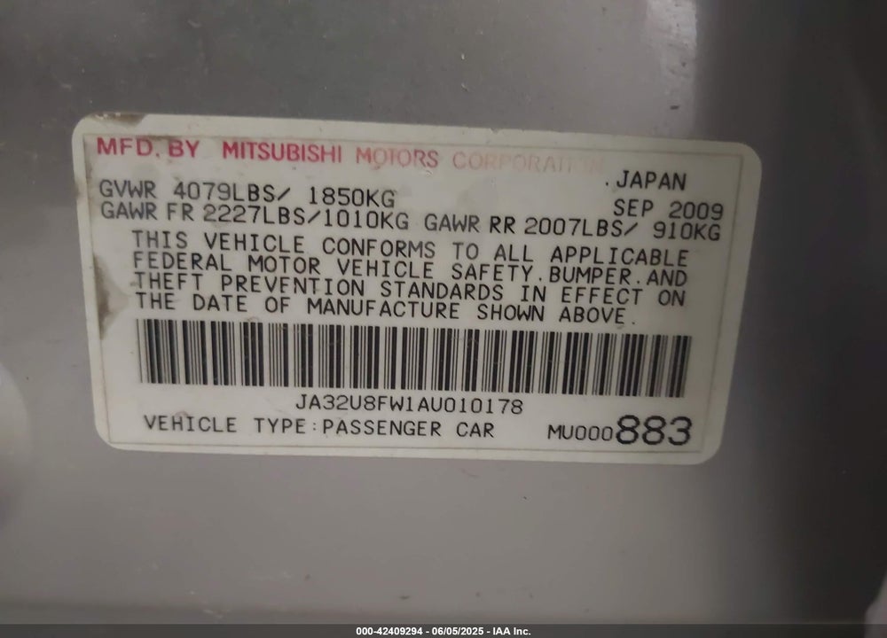 2010 MITSUBISHI LANCER VIN: JA32U8FW1AU010178
