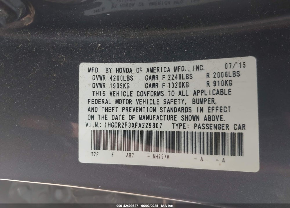 2015 HONDA ACCORD VIN: 1HGCR2F3XFA229807
