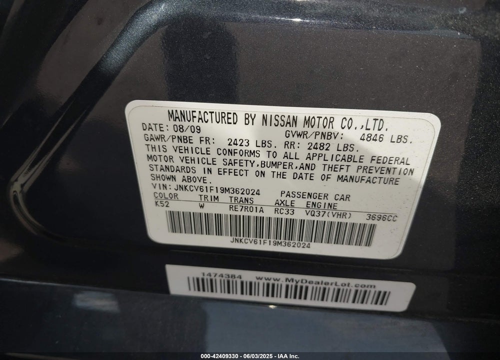 2009 INFINITI G37X VIN: JNKCV61F19M362024