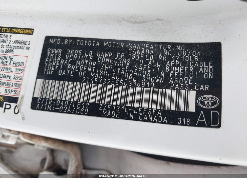 2005 TOYOTA COROLLA XRS VIN: 2T1BY32E65C336910