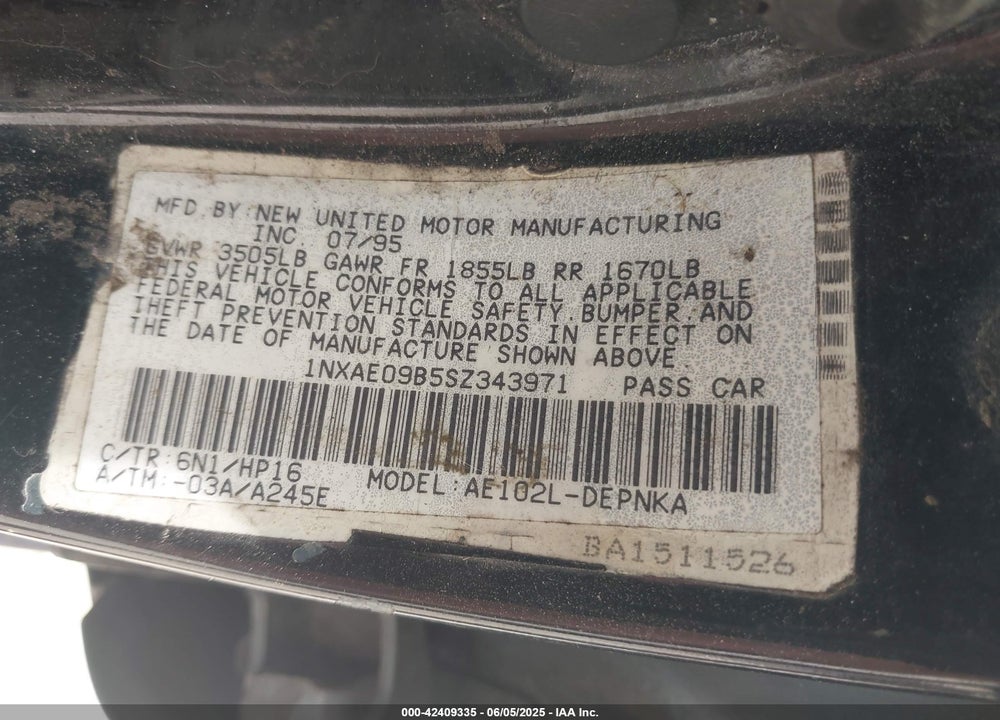 1995 TOYOTA COROLLA LE/DX VIN: 1NXAE09B5SZ343971