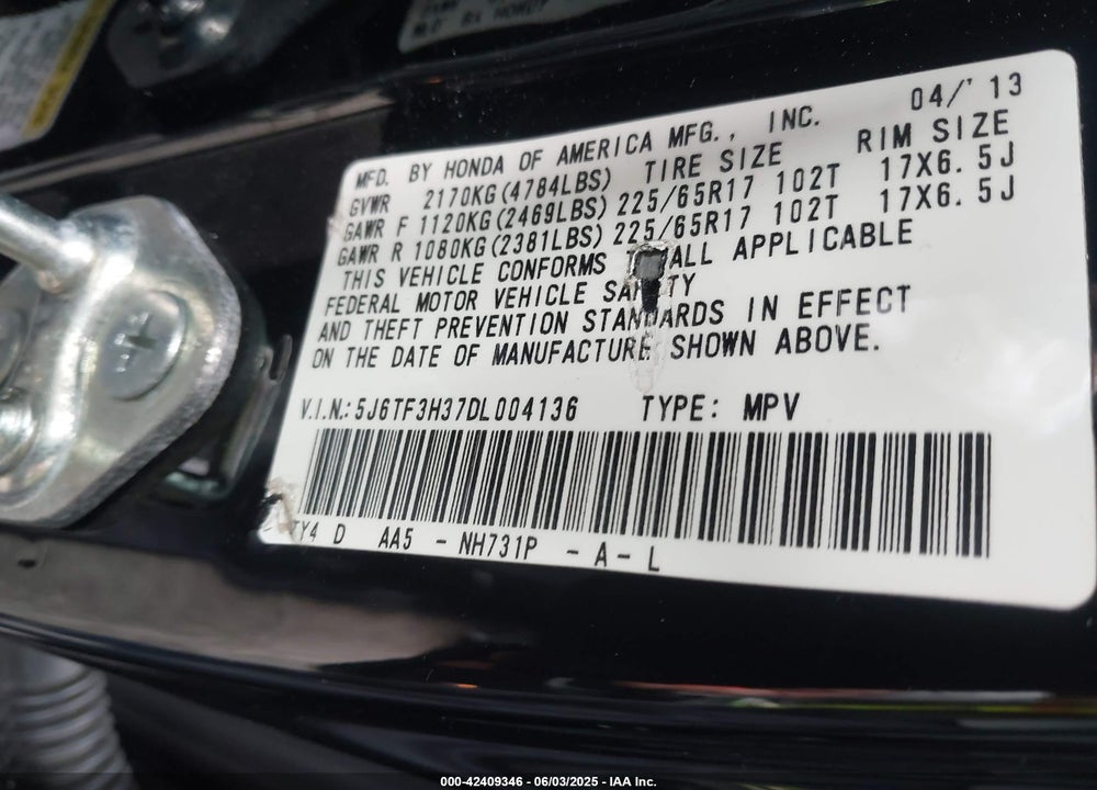 2013 HONDA CROSSTOUR EX VIN: 5J6TF3H37DL004136