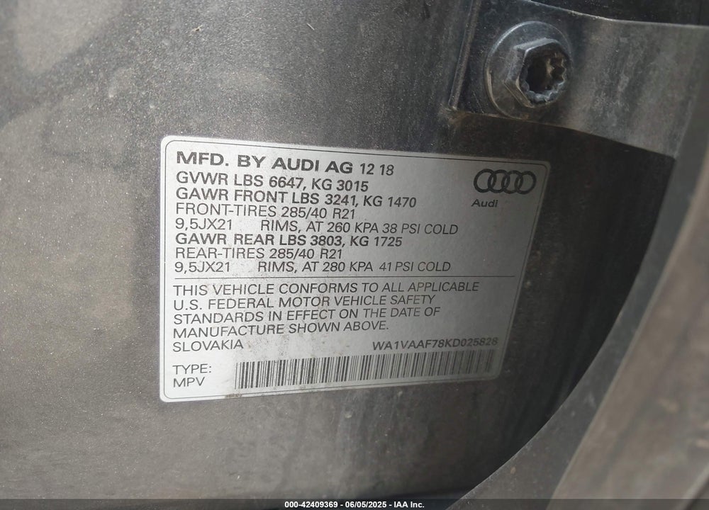 2019 AUDI Q7 55 PREMIUM VIN: WA1VAAF78KD025828