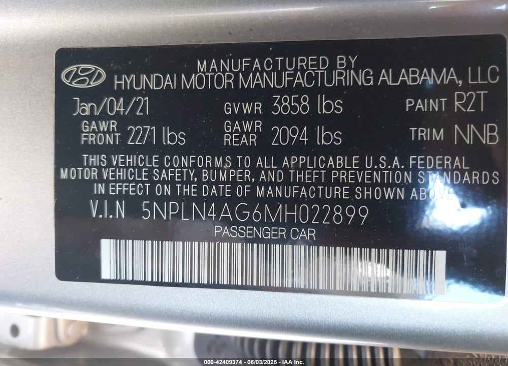 2021 HYUNDAI ELANTRA VIN: 5NPLN4AG6MH022899