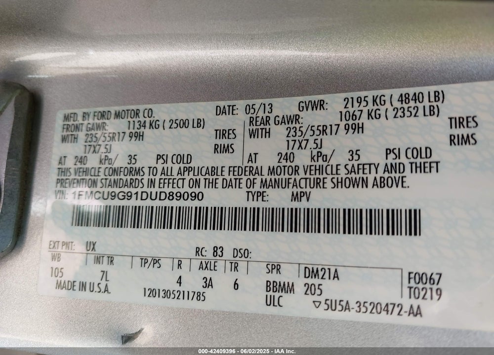2013 FORD ESCAPE VIN: 1FMCU9G91DUD89090