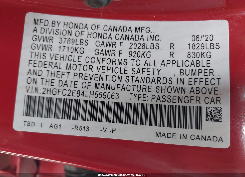 2020 HONDA CIVIC SPORT VIN: 2HGFC2E84LH559063