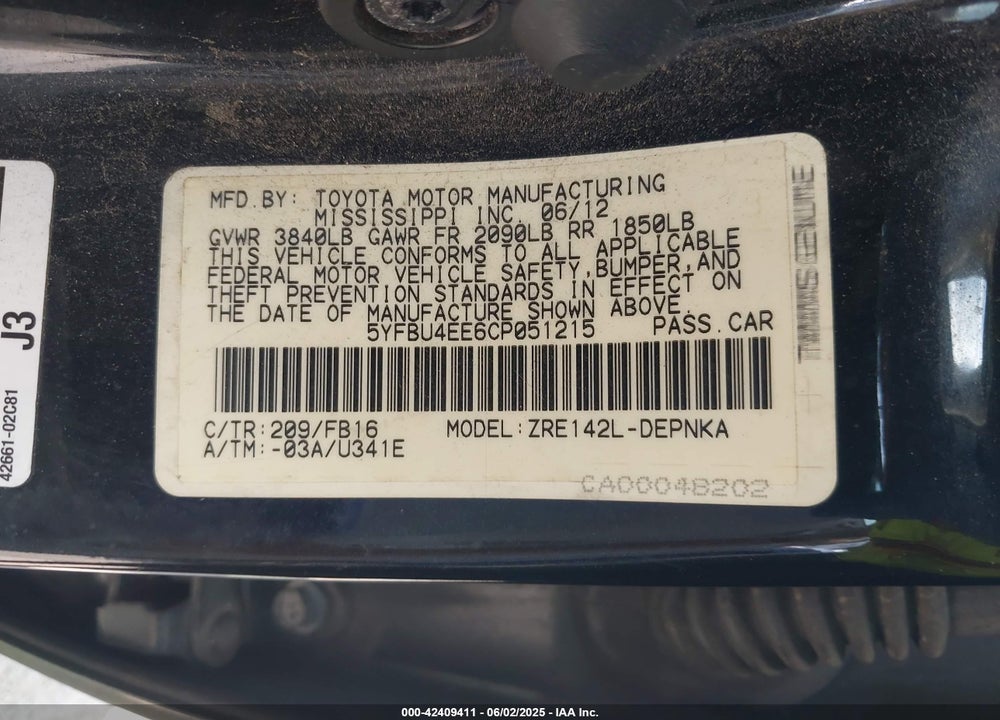 2012 TOYOTA COROLLA VIN: 5YFBU4EE6CP051215