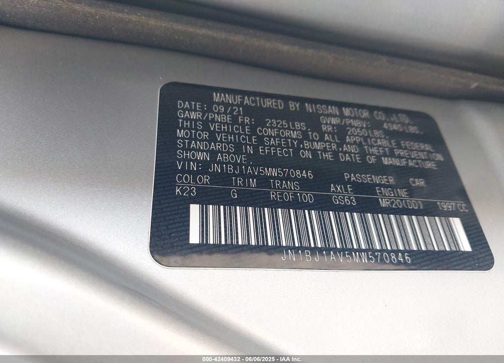 2021 NISSAN ROGUE SPORT VIN: JN1BJ1AV5MW570846