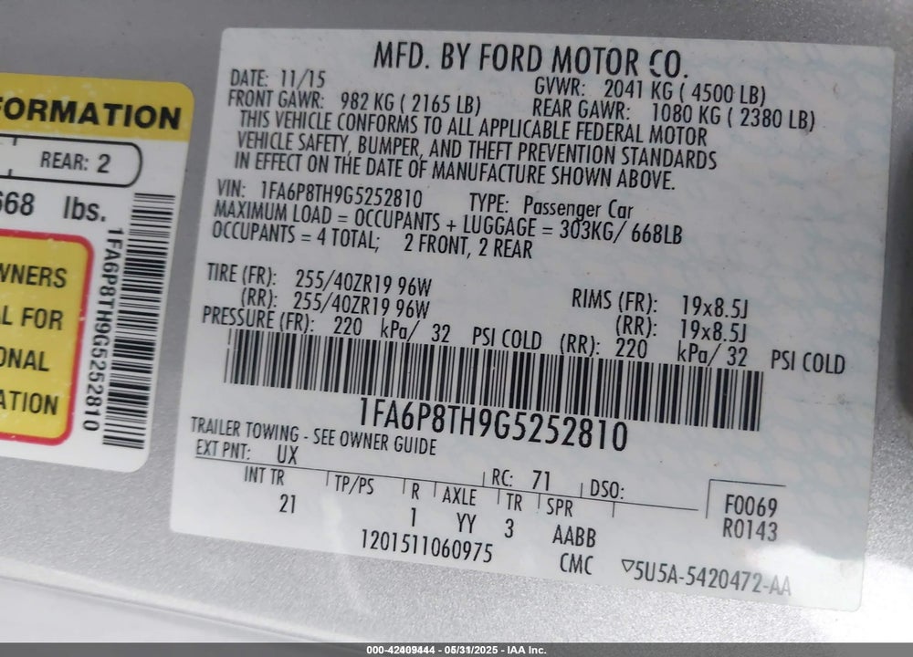 2016 FORD MUSTANG VIN: 1FA6P8TH9G5252810