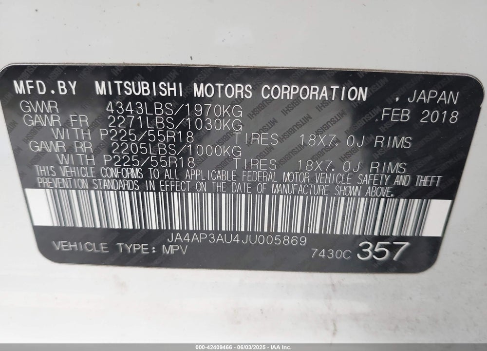 2018 MITSUBISHI OUTLANDER SPORT VIN: JA4AP3AU4JU005869
