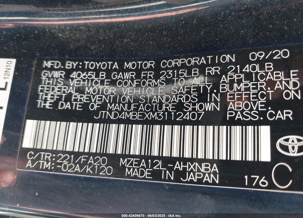 2021 TOYOTA COROLLA VIN: JTND4MBEXM3112407
