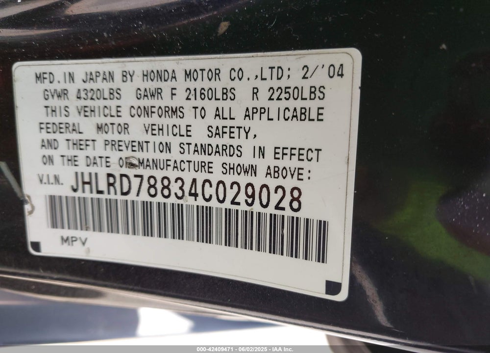 2004 HONDA CR-V EX VIN: JHLRD78834C029028